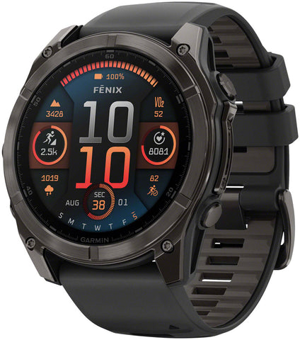 Garmin fenix 8 Smartwatch - 51mm AMOLED Sapphire Carbon Gray DLC Titanium with Black/Pebble Gray Silicone