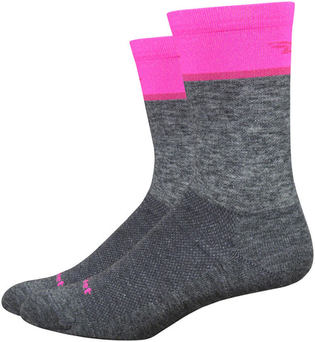 DeFeet Wooleator Comp Team DeFeet Socks - 6 inch Gravel Gray/Hi-Vis Pink